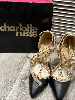 Charlotte Russe Black Pointed Toe Heels with Nude Studded Straps